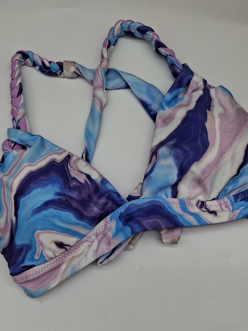 BECCA Skylar Braided Bikini Top Blue Agate Marble Print L